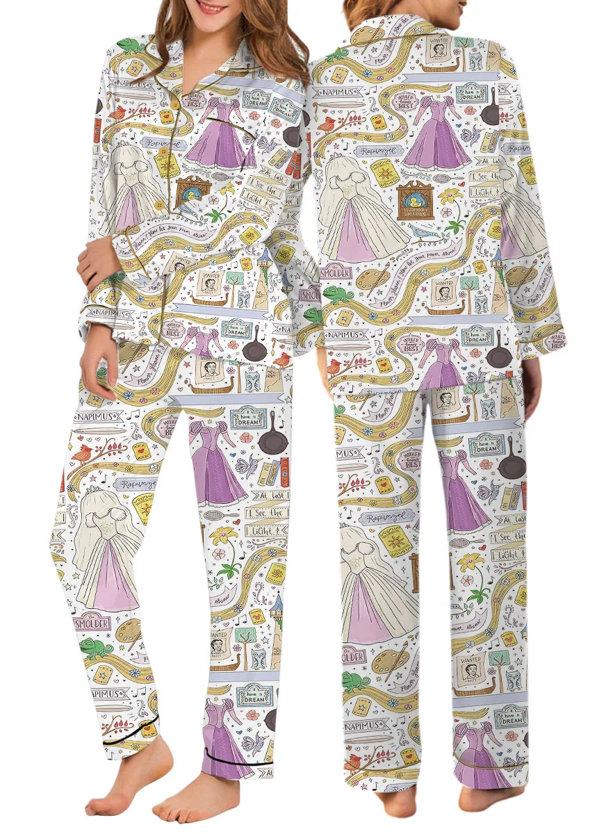 Women's Long Hair Princess Satin Pajamas Set For Women, White Color, US Size S-5XL - Image 11
