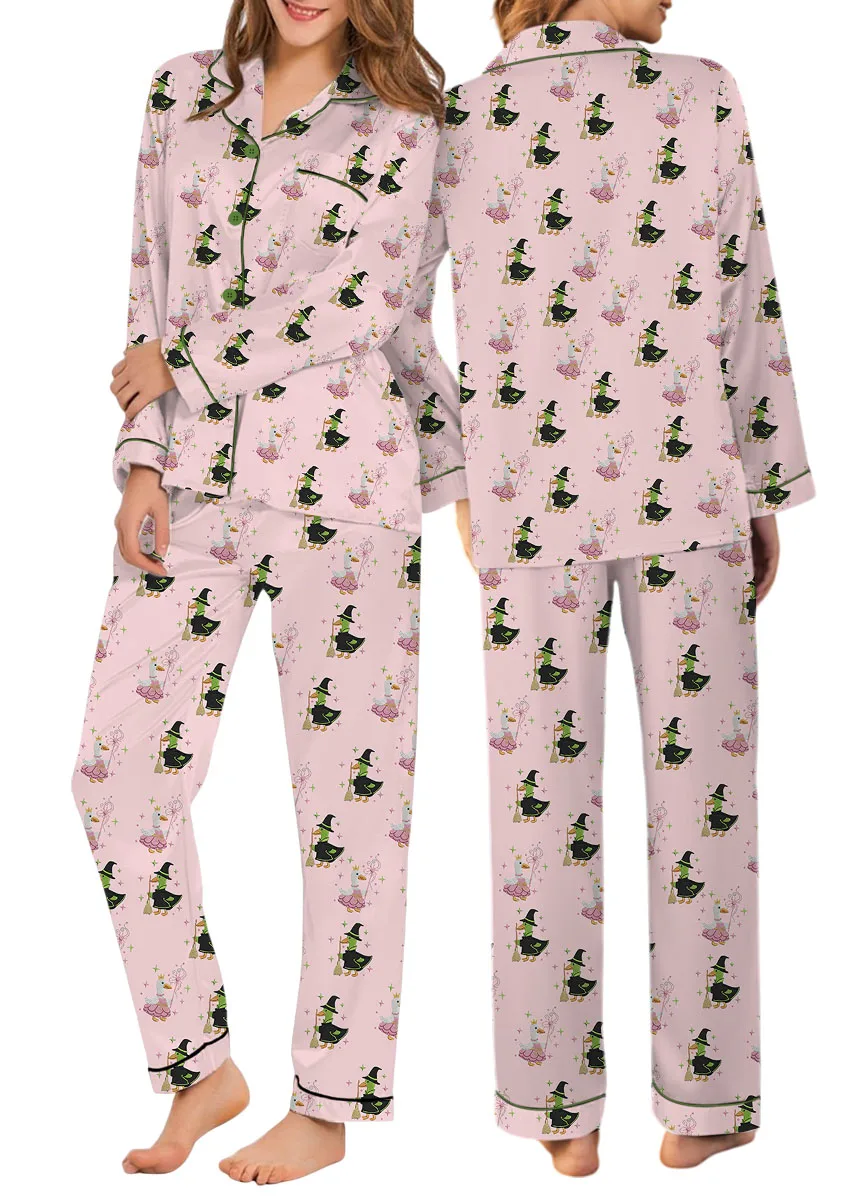 Green And Pink Duck Satin Pajamas Set For Women