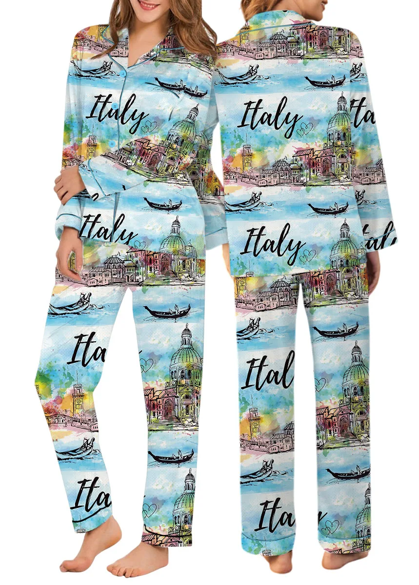 Women's Italy Souvenirs Travel Essentials Pajamas Set For Women, Pastel Blue Color, US Size S-5XL - Image 10