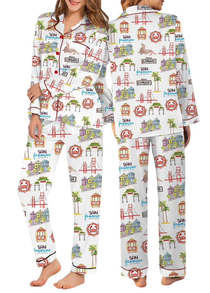 Women’s San Francisco Satin Pajamas Set, White Color, US Size S-5XL - Image 12