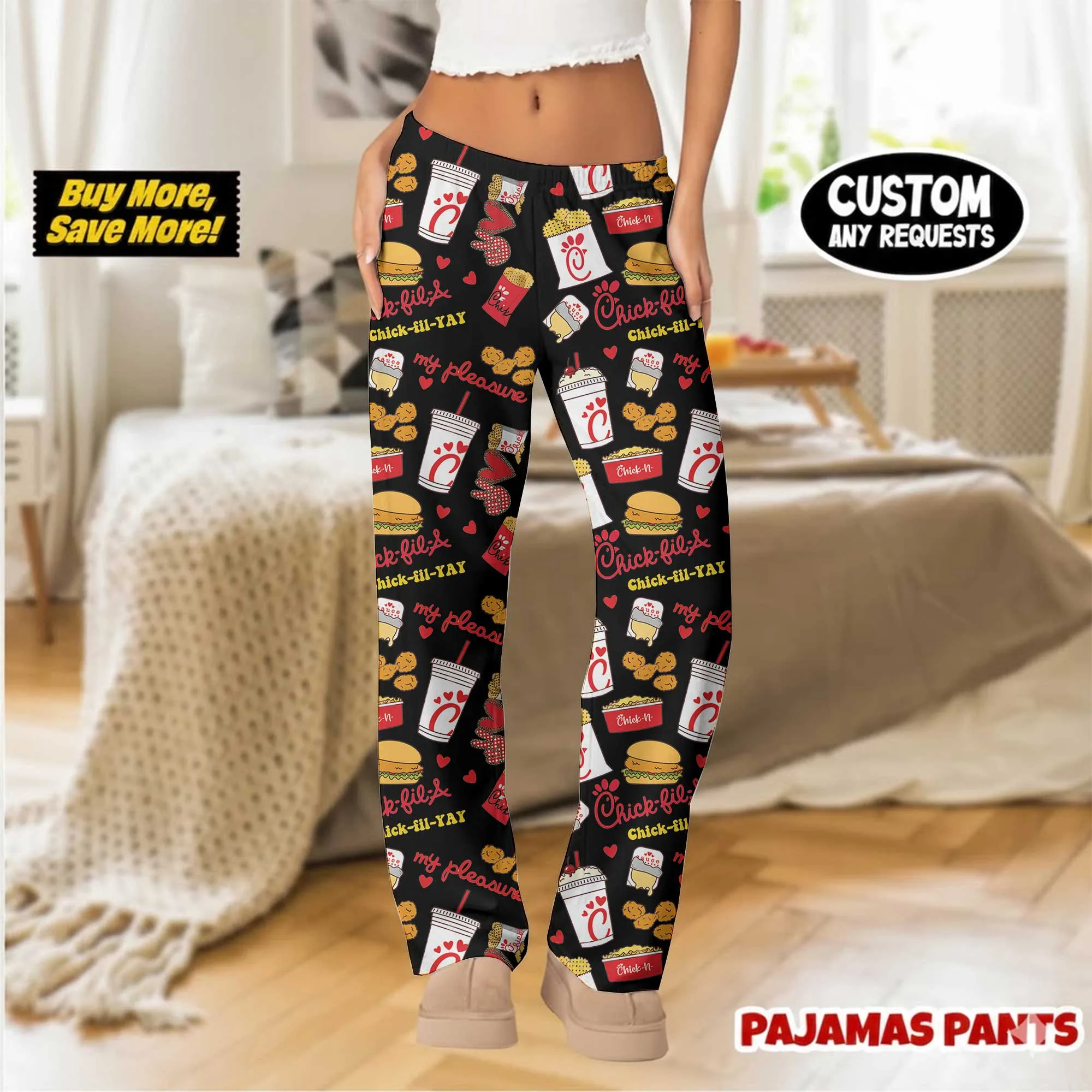 Chick-fil-A Inspired Pajama Pants, Fast Food Pattern Print Sleepwear - Image 3