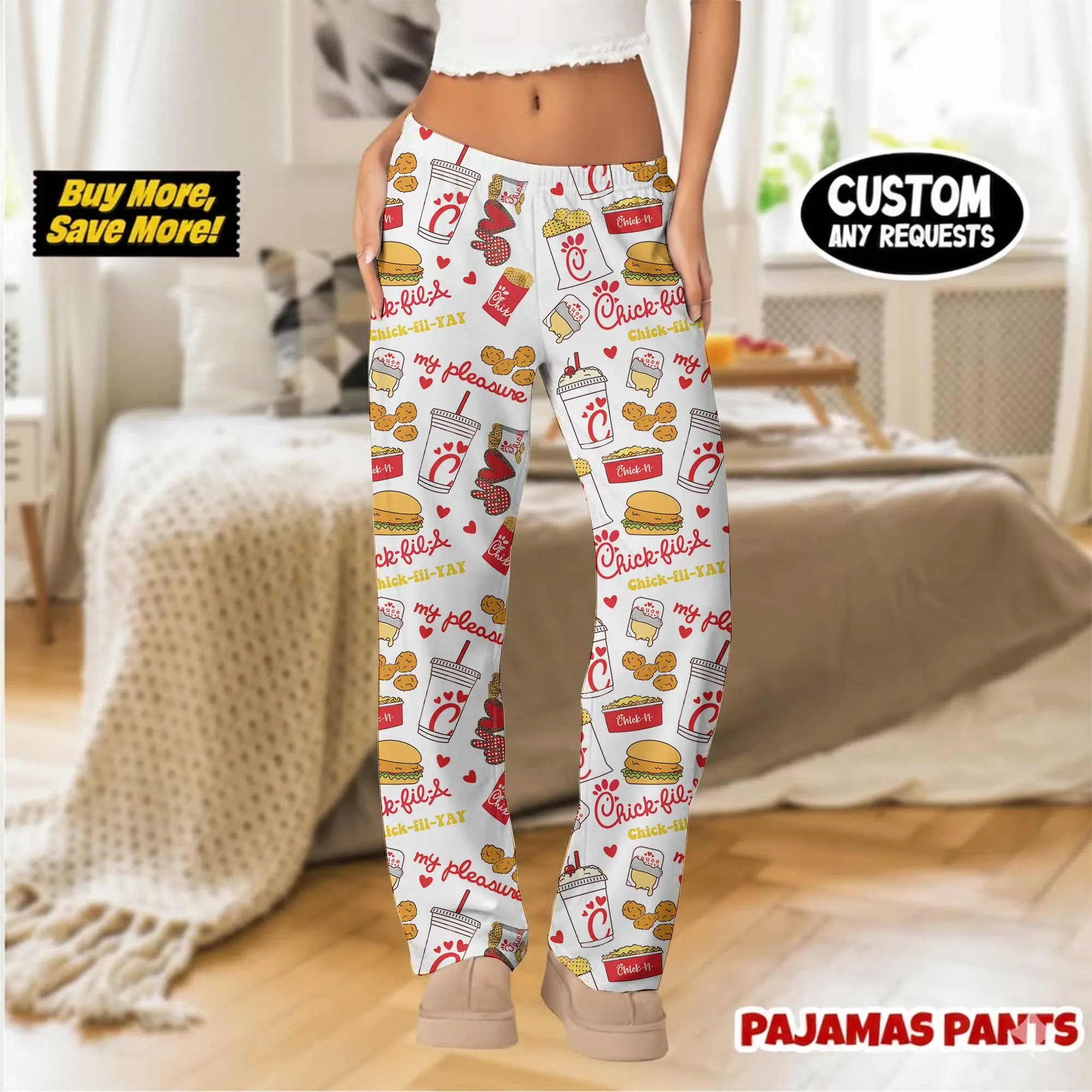 Chick-fil-A Inspired Pajama Pants, Fast Food Pattern Print Sleepwear - Image 2