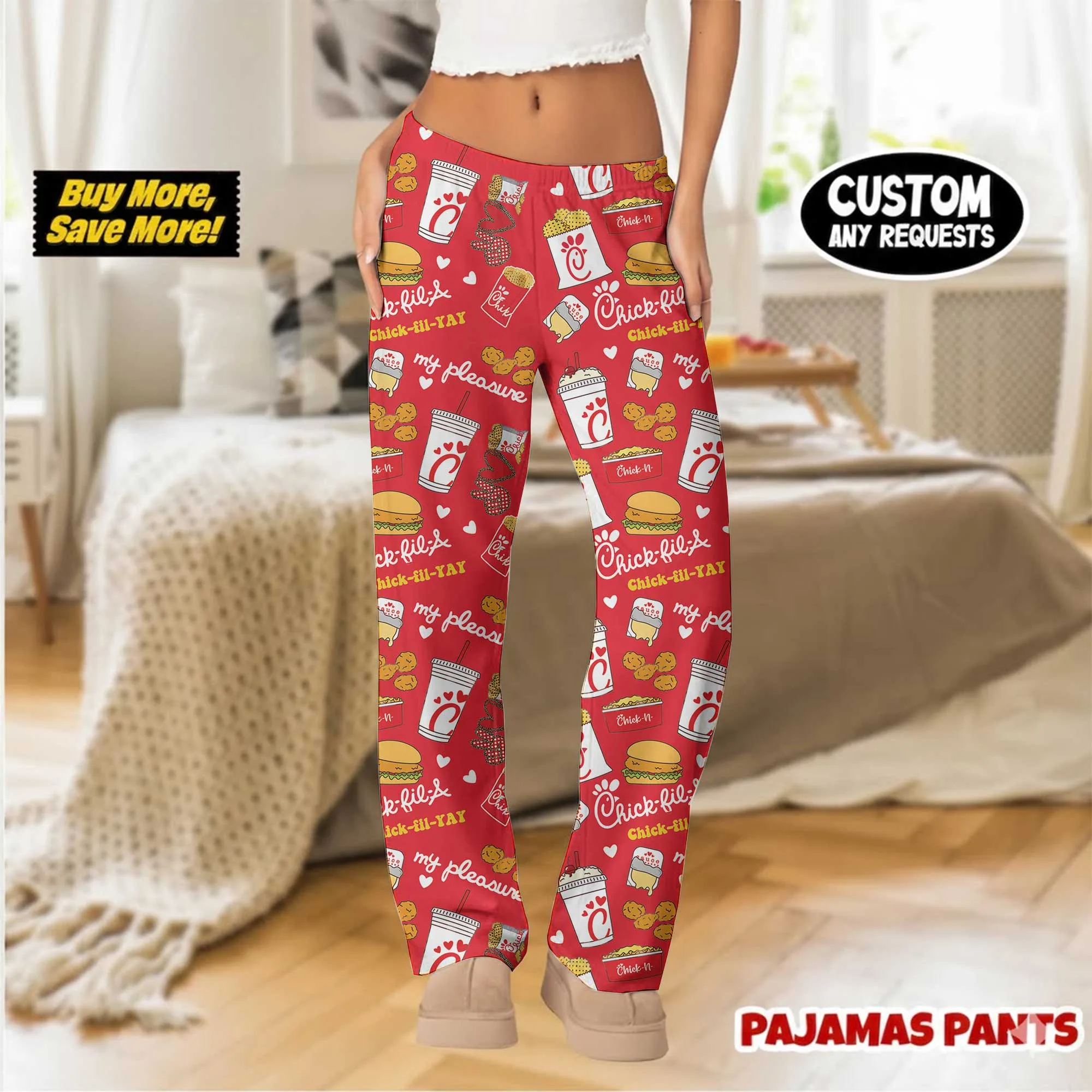 Chick-fil-A Inspired Pajama Pants, Fast Food Pattern Print Sleepwear - Image 4