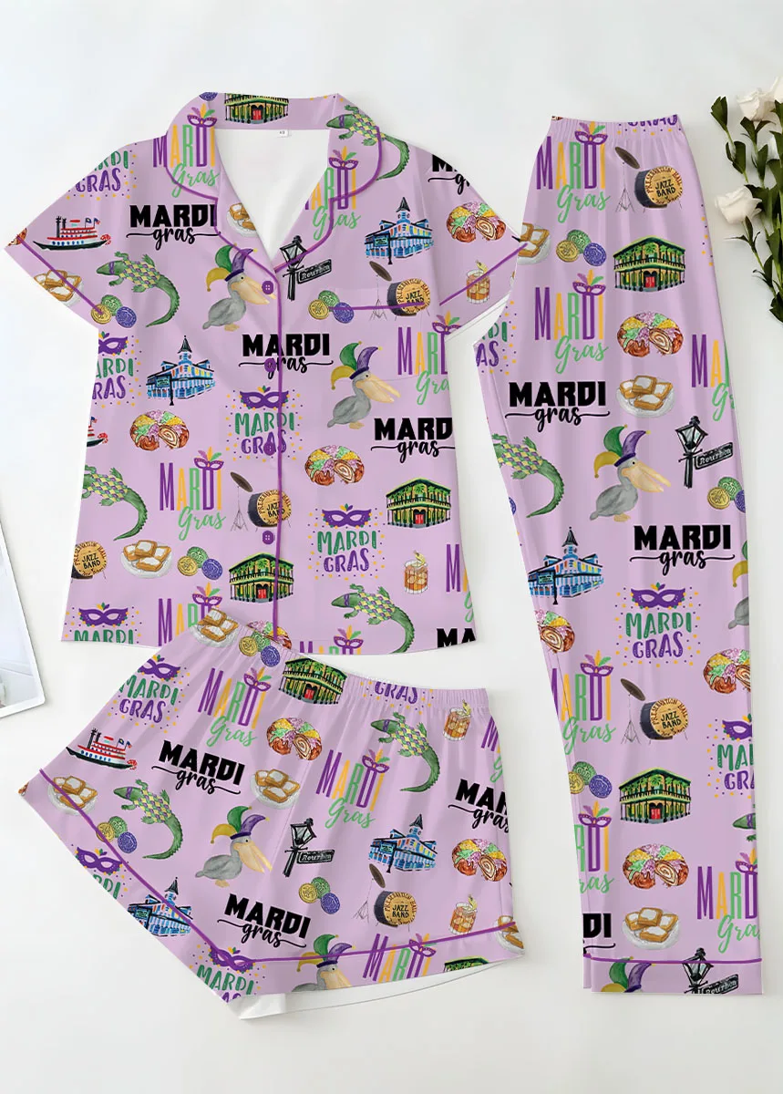 Women’s Mardi Gras Hawaiian Satin Pajamas Set, Pastel Purple Color, US Size S-5XL - Image 14