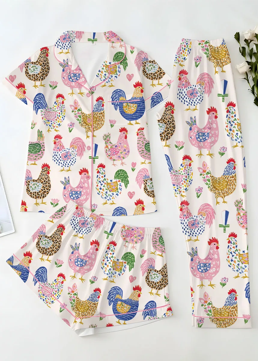 Women's Floral Chicken Satin Pajamas Set, White Color, US Size S-5XL - Image 11