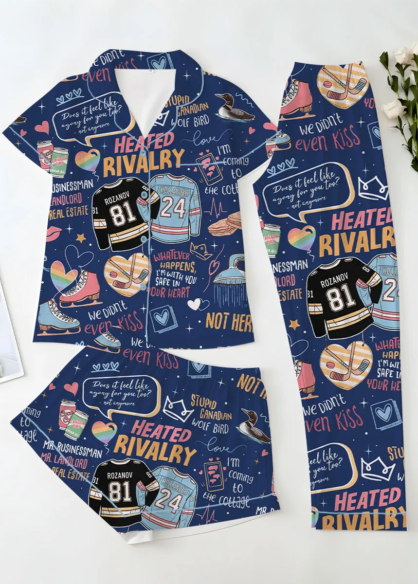 Women’s Hockey Romance Couple Satin Pajamas Set, Navy Color, US Size S-5XL - Image 8