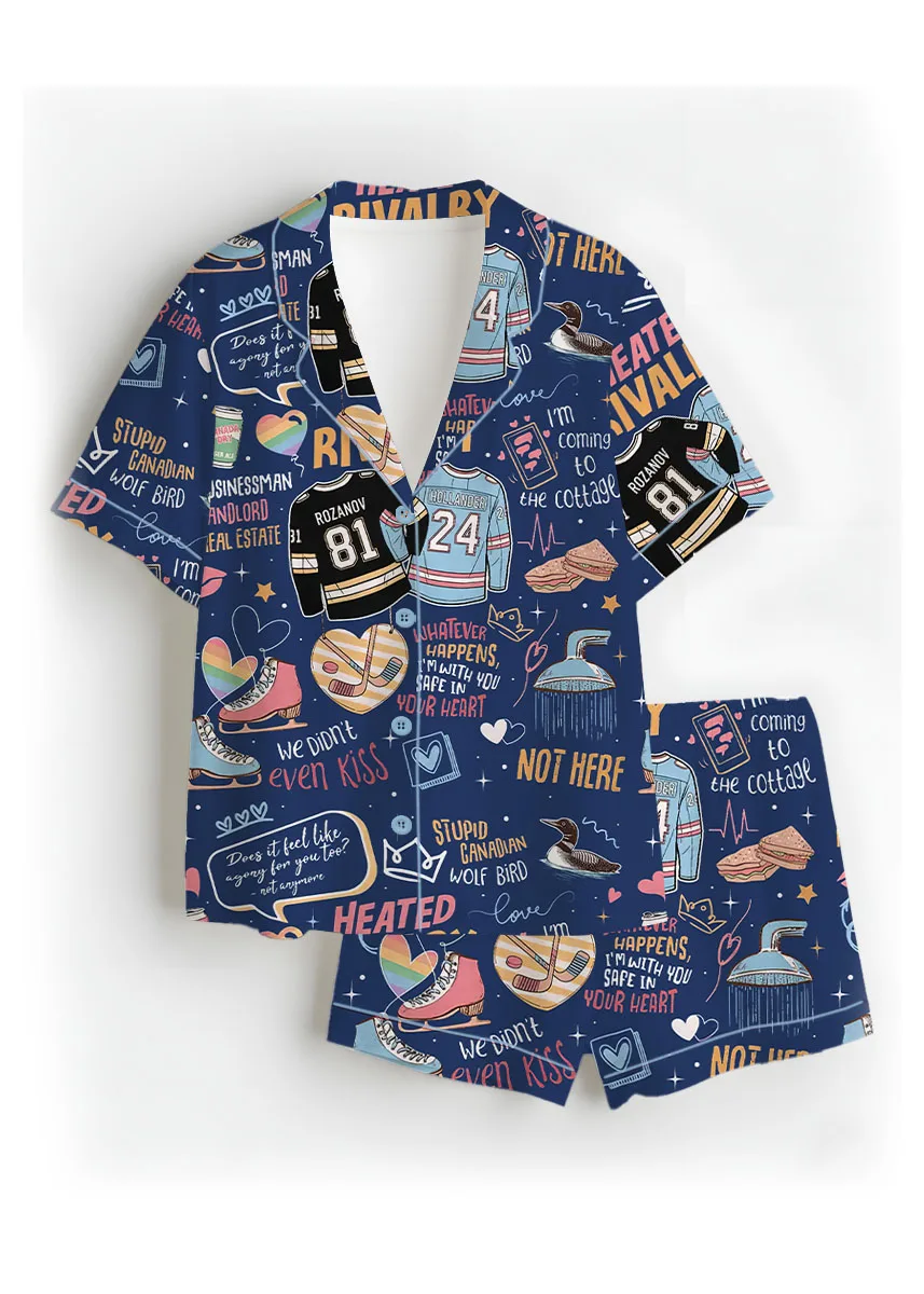 Women’s Hockey Romance Couple Satin Pajamas Set, Navy Color, US Size S-5XL