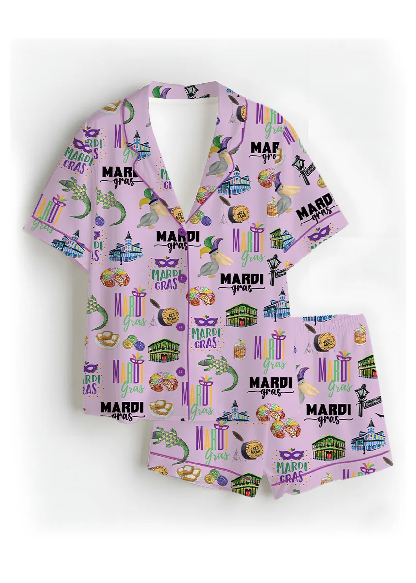 Women’s Mardi Gras Hawaiian Satin Pajamas Set, Pastel Purple Color, US Size S-5XL