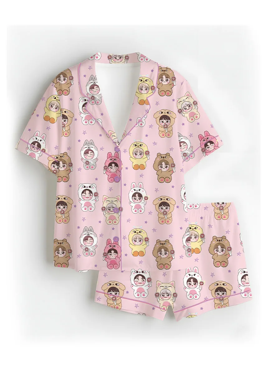 Women’s Kpop Characters Cute Pajamas Set For Women, Pink Color, US Size S-5XL