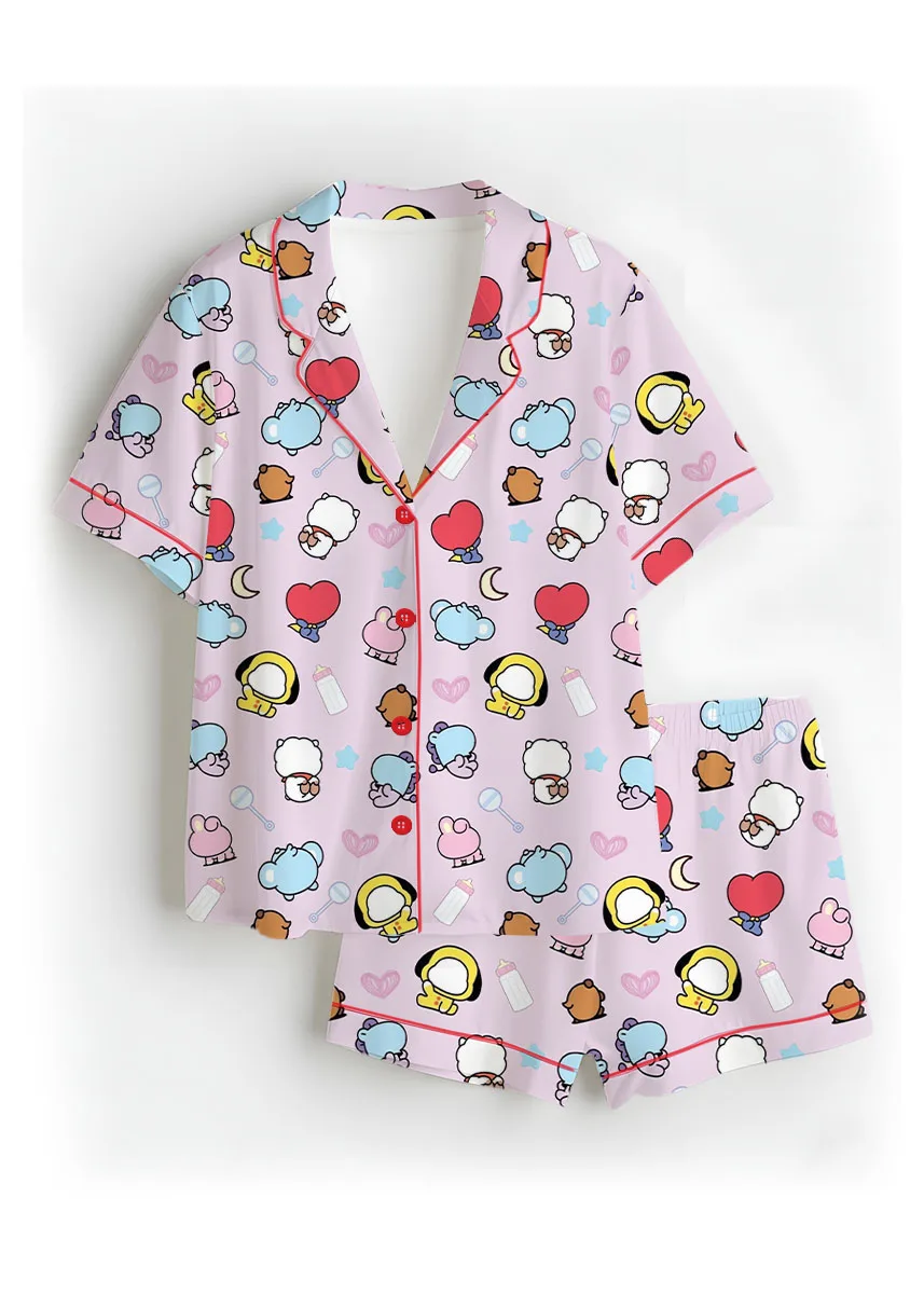 Women’s Kpop Characters Cute Pajamas Set For Women, Pink Color, US Size S-5XL