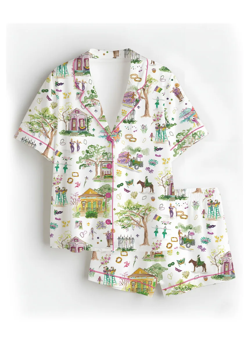 Women’s Mardi Gras Parade Pajamas Set For Women, White Color, US Size S-5XL