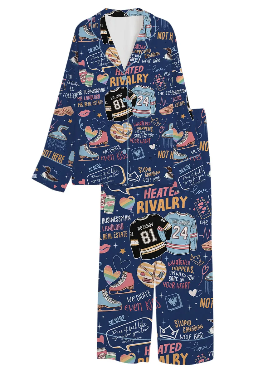 Women’s Hockey Romance Couple Satin Pajamas Set, Navy Color, US Size S-5XL - Image 14