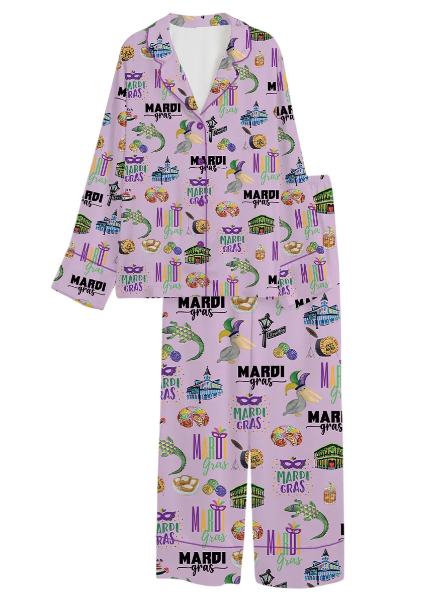 Women’s Mardi Gras Hawaiian Satin Pajamas Set, Pastel Purple Color, US Size S-5XL - Image 8