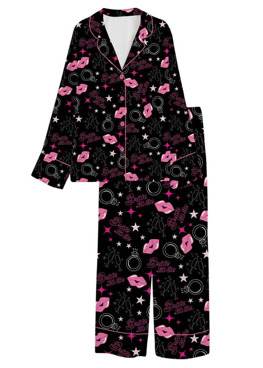 Women's Bachelorette Party Pattern Satin Pajamas Set, Black Color, US Size S-5XL - Image 12