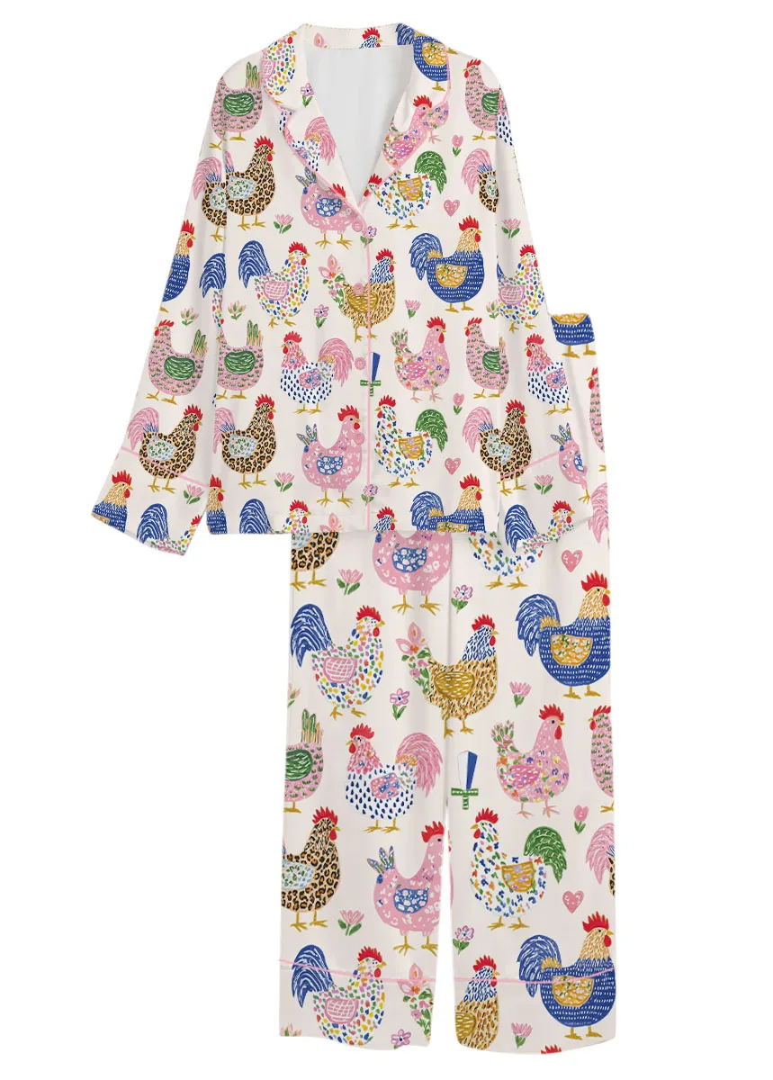 Women's Floral Chicken Satin Pajamas Set, White Color, US Size S-5XL - Image 7