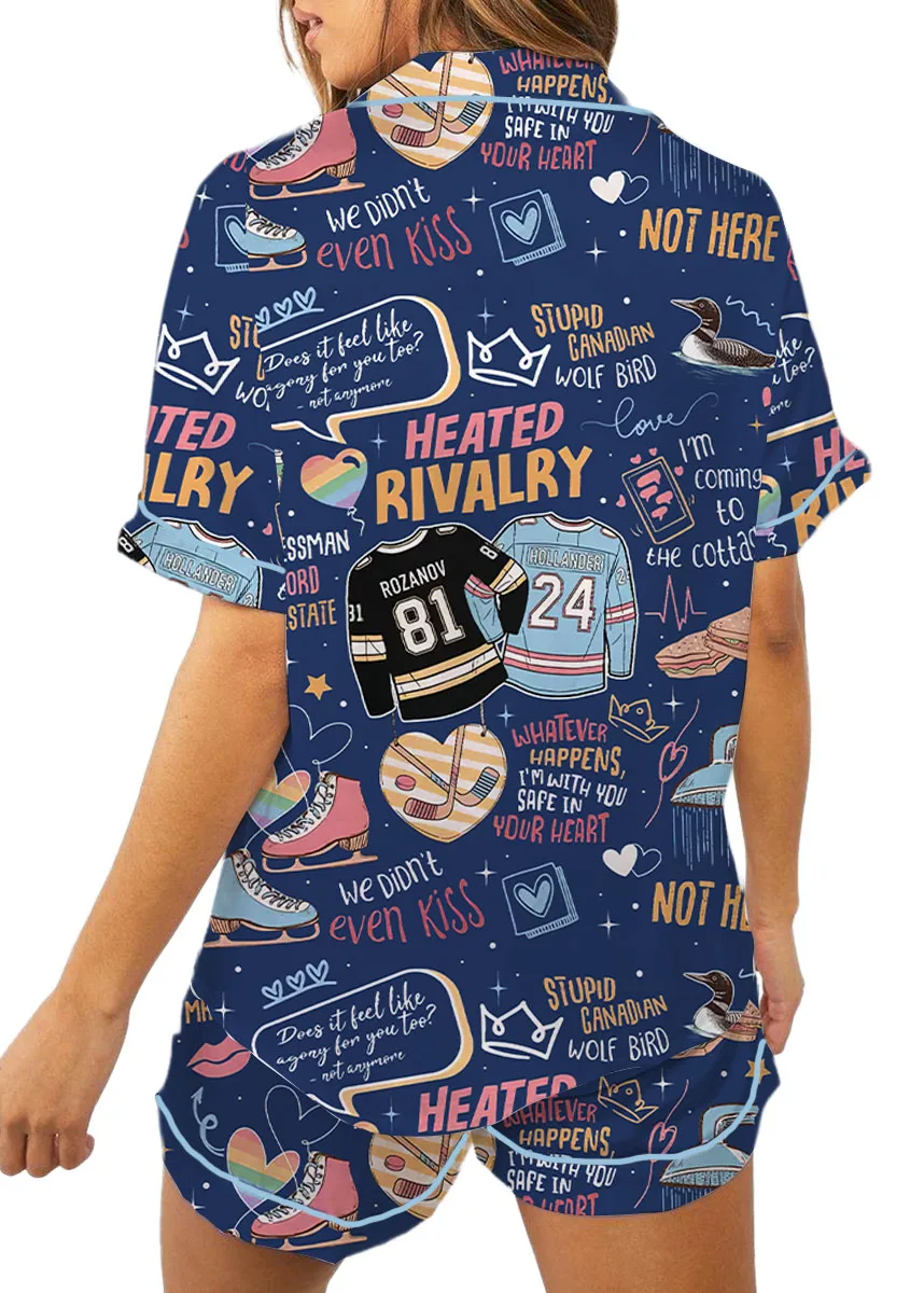 Women’s Hockey Romance Couple Satin Pajamas Set, Navy Color, US Size S-5XL - Image 2