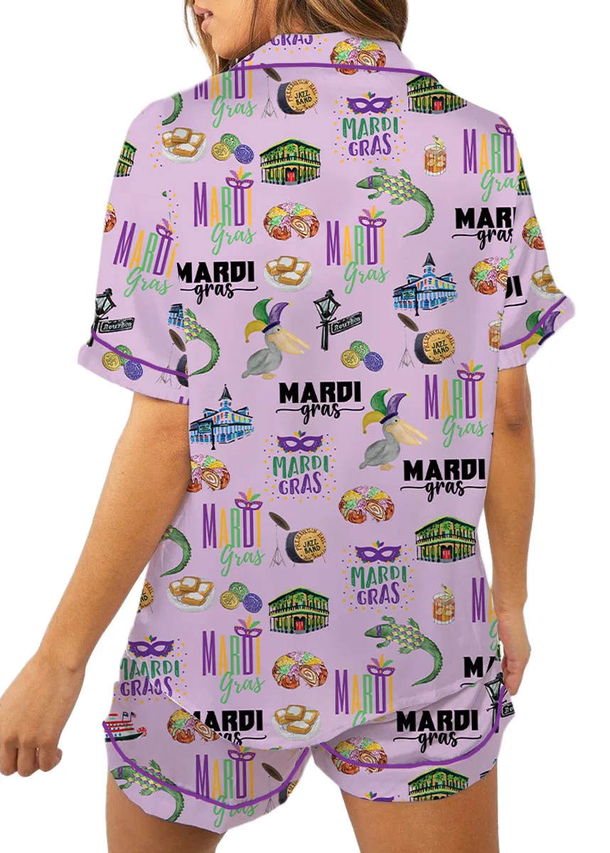 Women’s Mardi Gras Hawaiian Satin Pajamas Set, Pastel Purple Color, US Size S-5XL - Image 6