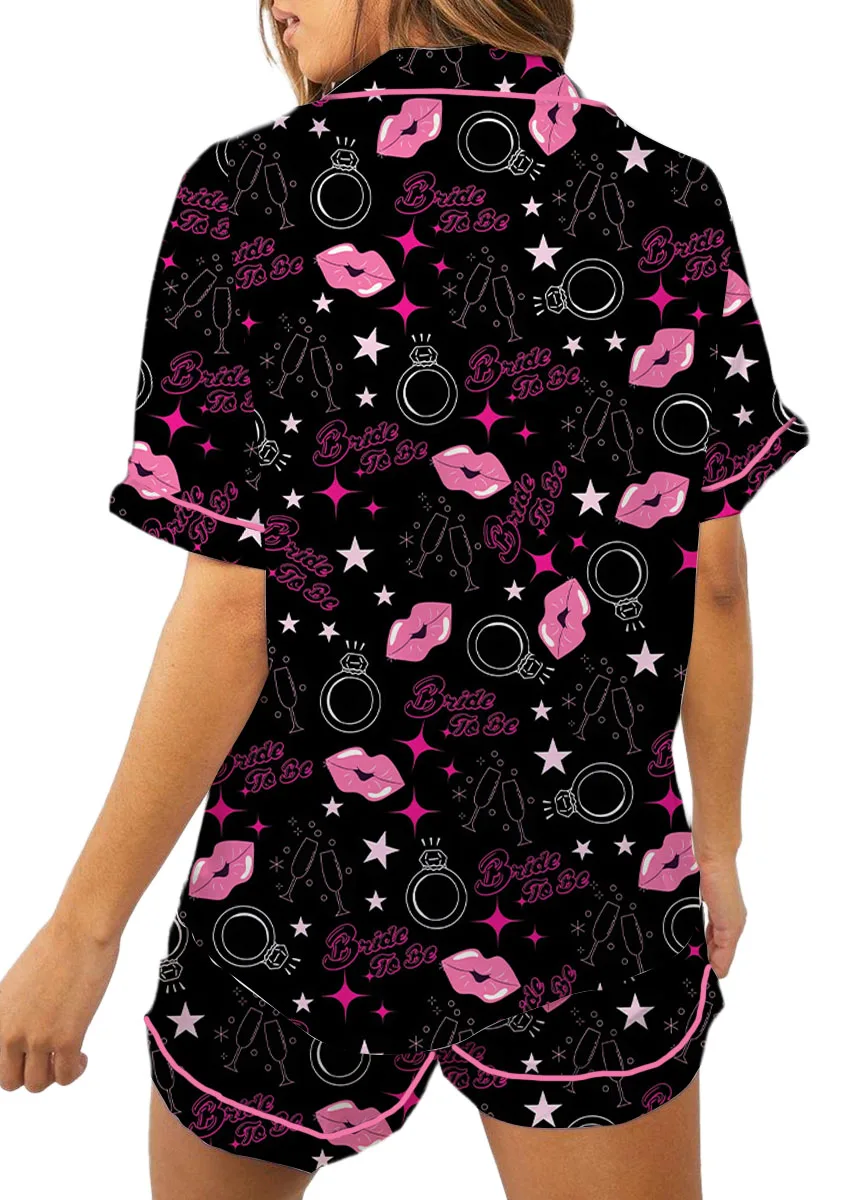 Women's Bachelorette Party Pattern Satin Pajamas Set, Black Color, US Size S-5XL - Image 3
