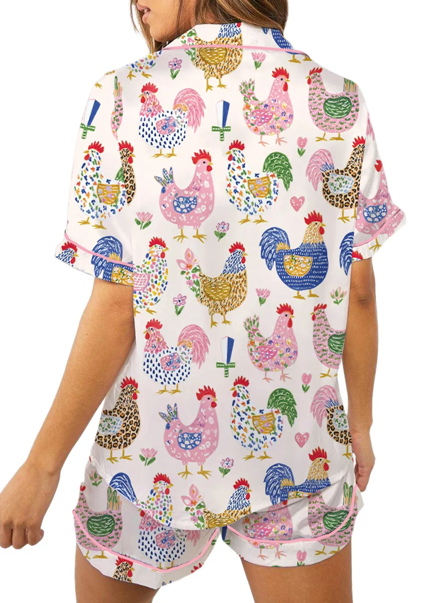 Women's Floral Chicken Satin Pajamas Set, White Color, US Size S-5XL - Image 2