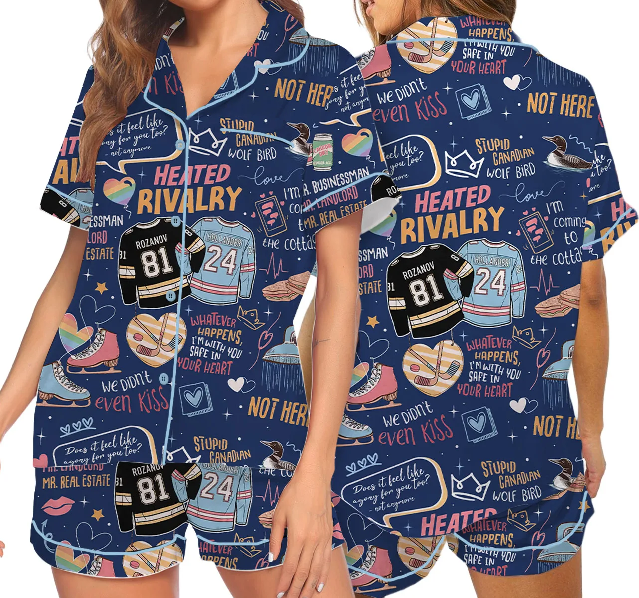 Women’s Hockey Romance Couple Satin Pajamas Set, Navy Color, US Size S-5XL - Image 4