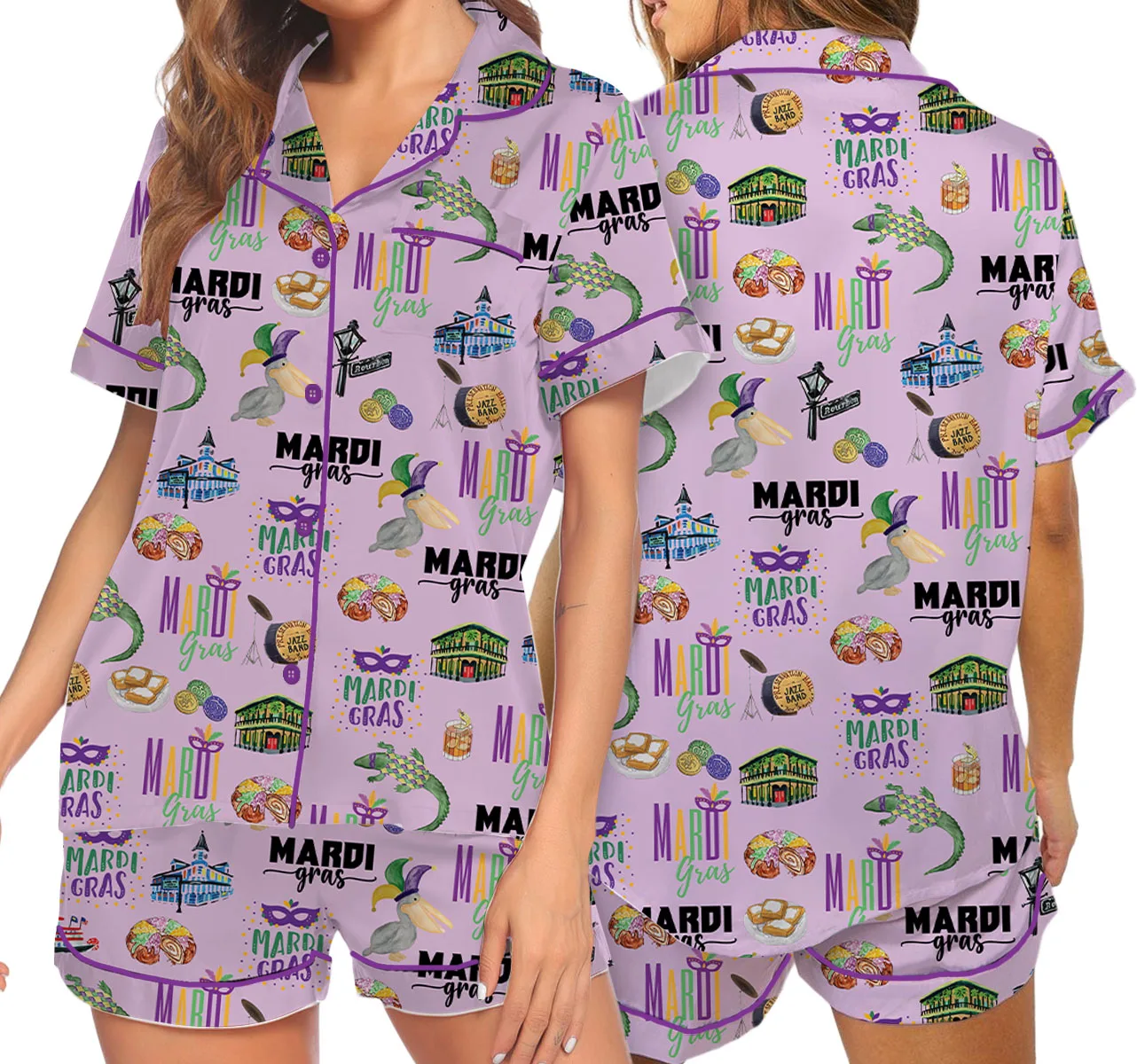 Women’s Mardi Gras Hawaiian Satin Pajamas Set, Pastel Purple Color, US Size S-5XL - Image 7