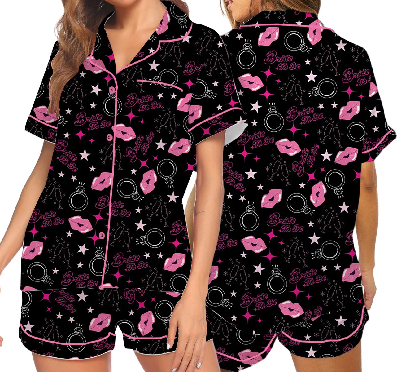 Women's Bachelorette Party Pattern Satin Pajamas Set, Black Color, US Size S-5XL - Image 5