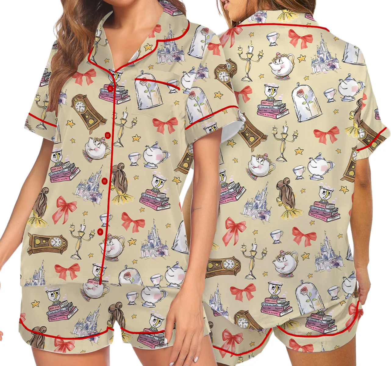 Women's Princess Coquette Satin Pajamas Set, Sand Color, US Size S-5XL - Image 5
