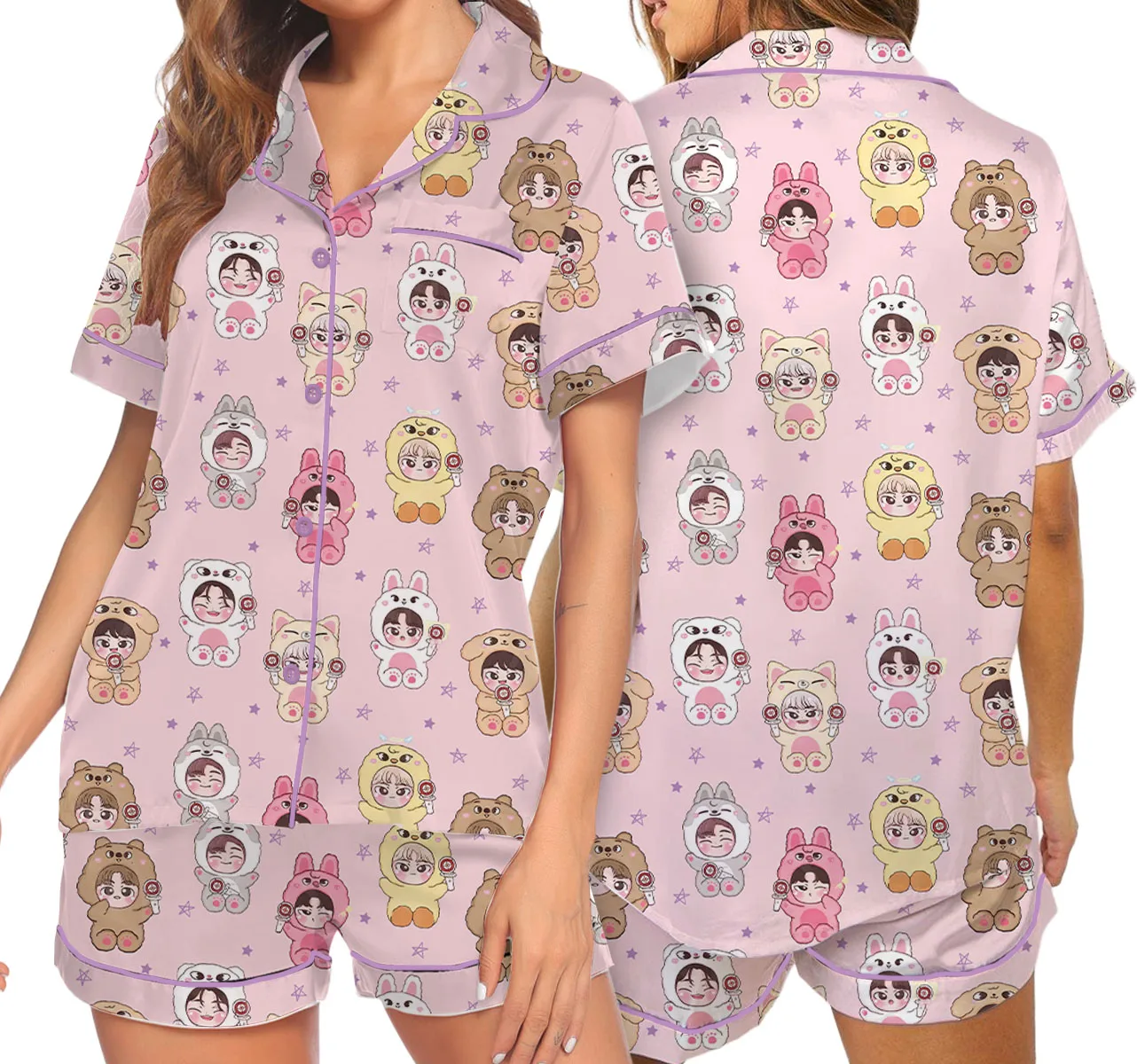 Women’s Kpop Characters Cute Pajamas Set For Women, Pink Color, US Size S-5XL - Image 7
