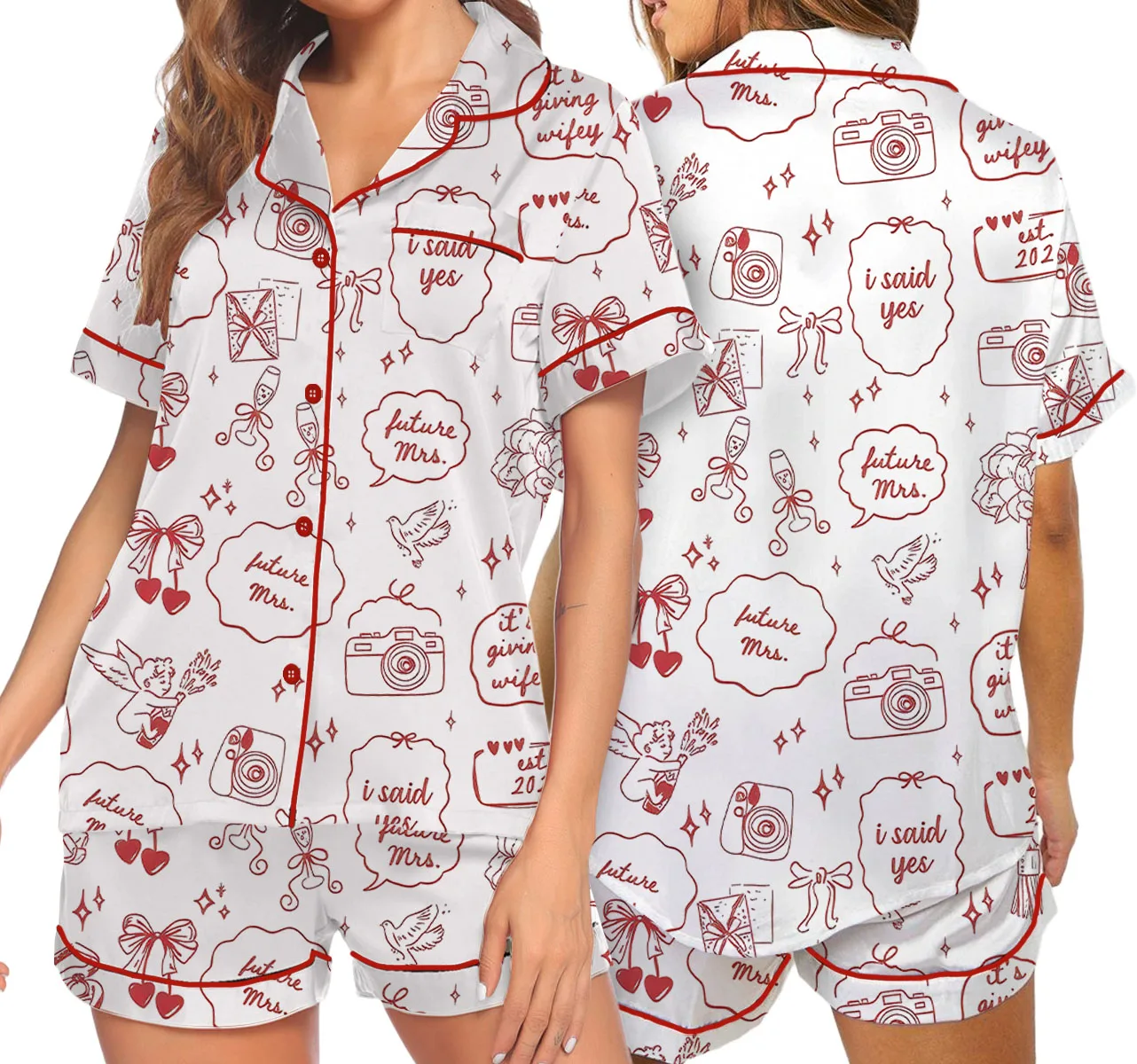 Women’s Future Mrs Engagement Wedding Anniversary Wifey Satin Pajamas Set For Women, White Color, US Size S-5XL - Image 6