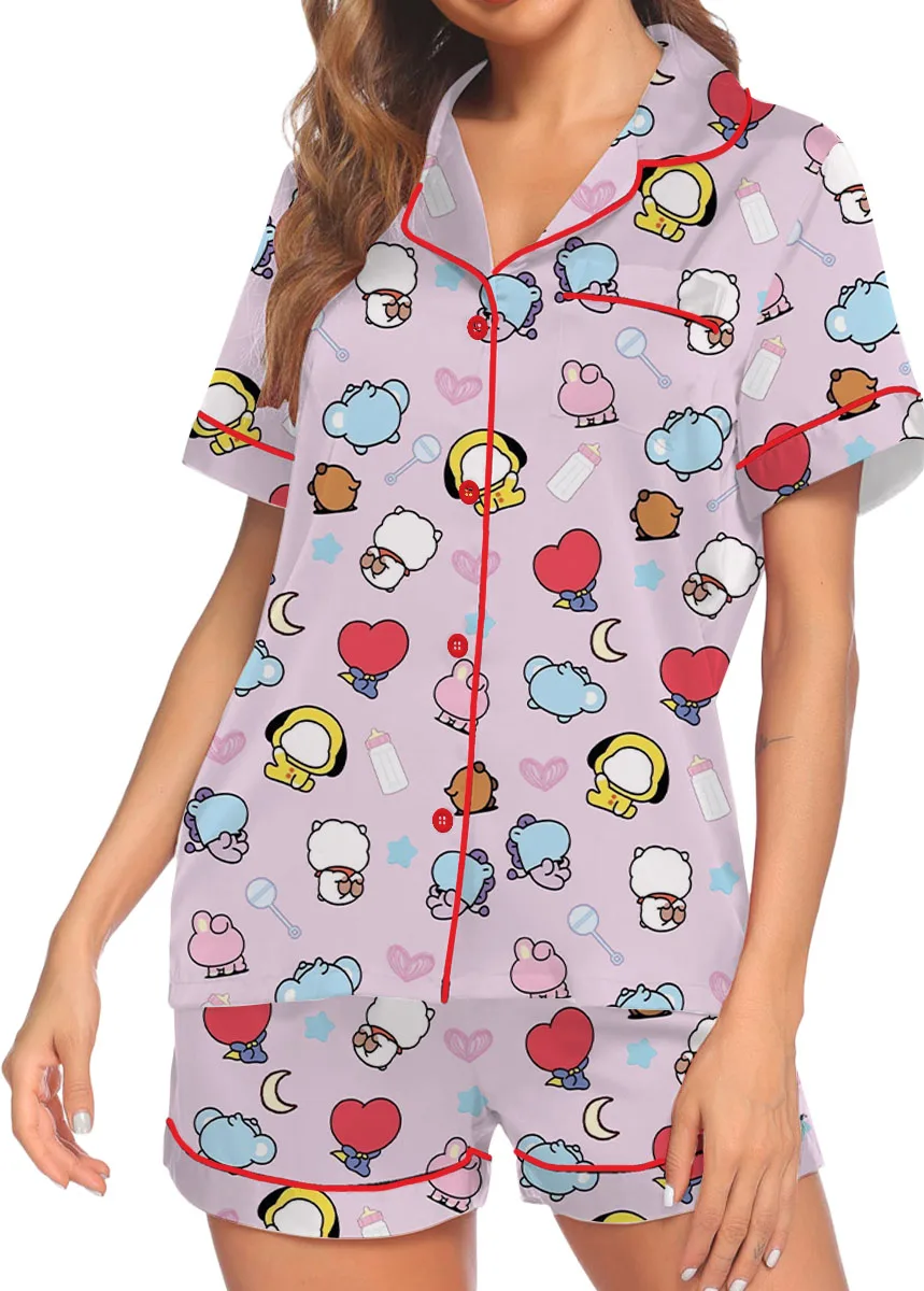 Women’s Kpop Characters Cute Pajamas Set For Women, Pink Color, US Size S-5XL - Image 2
