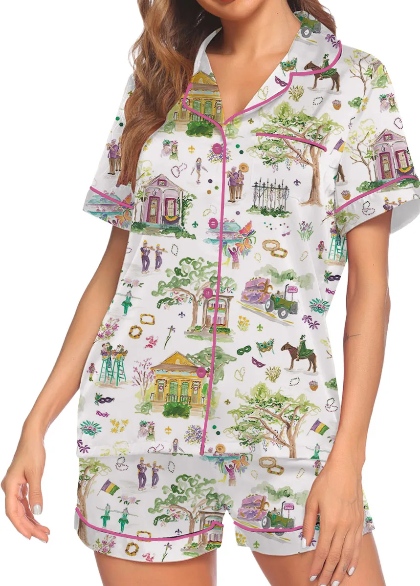 Women’s Mardi Gras Parade Pajamas Set For Women, White Color, US Size S-5XL - Image 2
