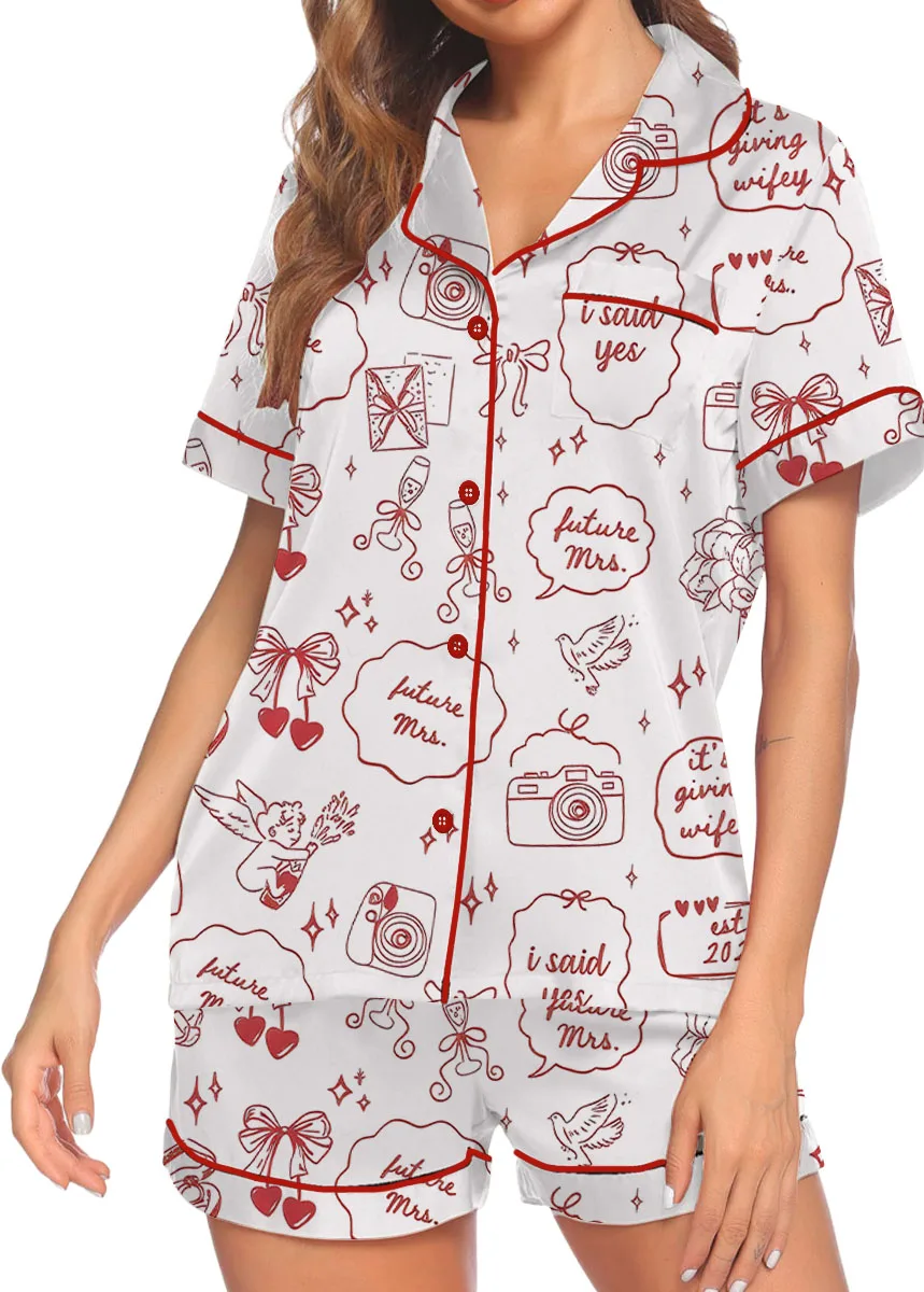 Women’s Future Mrs Engagement Wedding Anniversary Wifey Satin Pajamas Set For Women, White Color, US Size S-5XL - Image 3