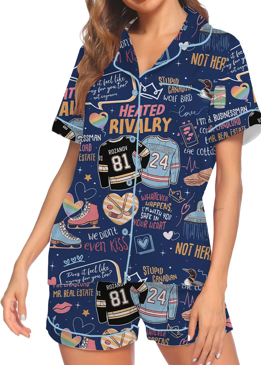 Women’s Hockey Romance Couple Satin Pajamas Set, Navy Color, US Size S-5XL - Image 5