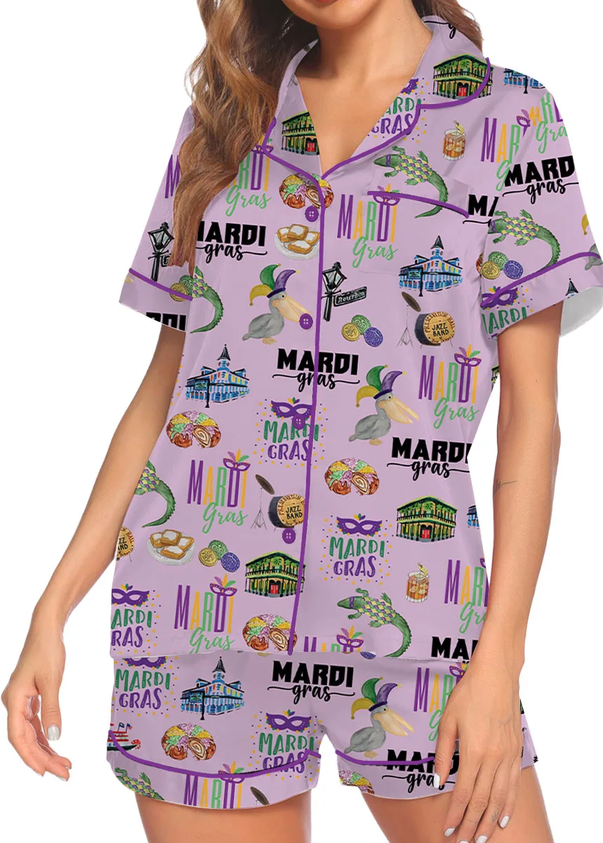 Women’s Mardi Gras Hawaiian Satin Pajamas Set, Pastel Purple Color, US Size S-5XL - Image 3