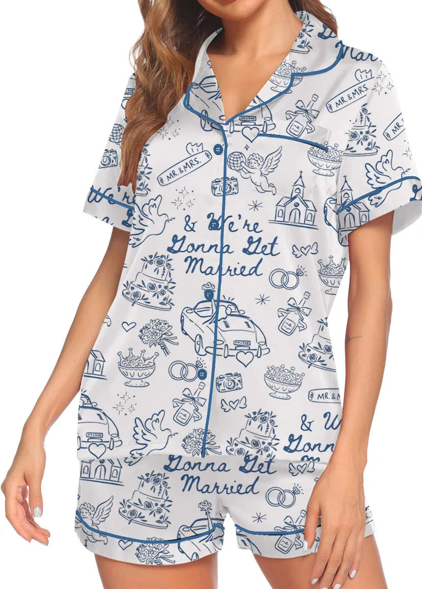 Women’s Going To The Chapel We're Gonna Get Married Wedding Satin Pajamas Set, White Color, US Size S-5XL - Image 5