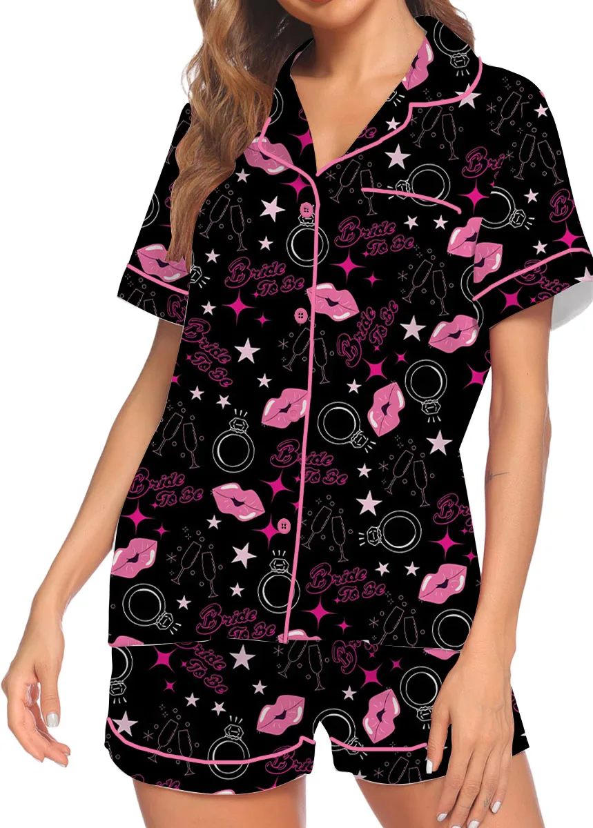 Women's Bachelorette Party Pattern Satin Pajamas Set, Black Color, US Size S-5XL - Image 4