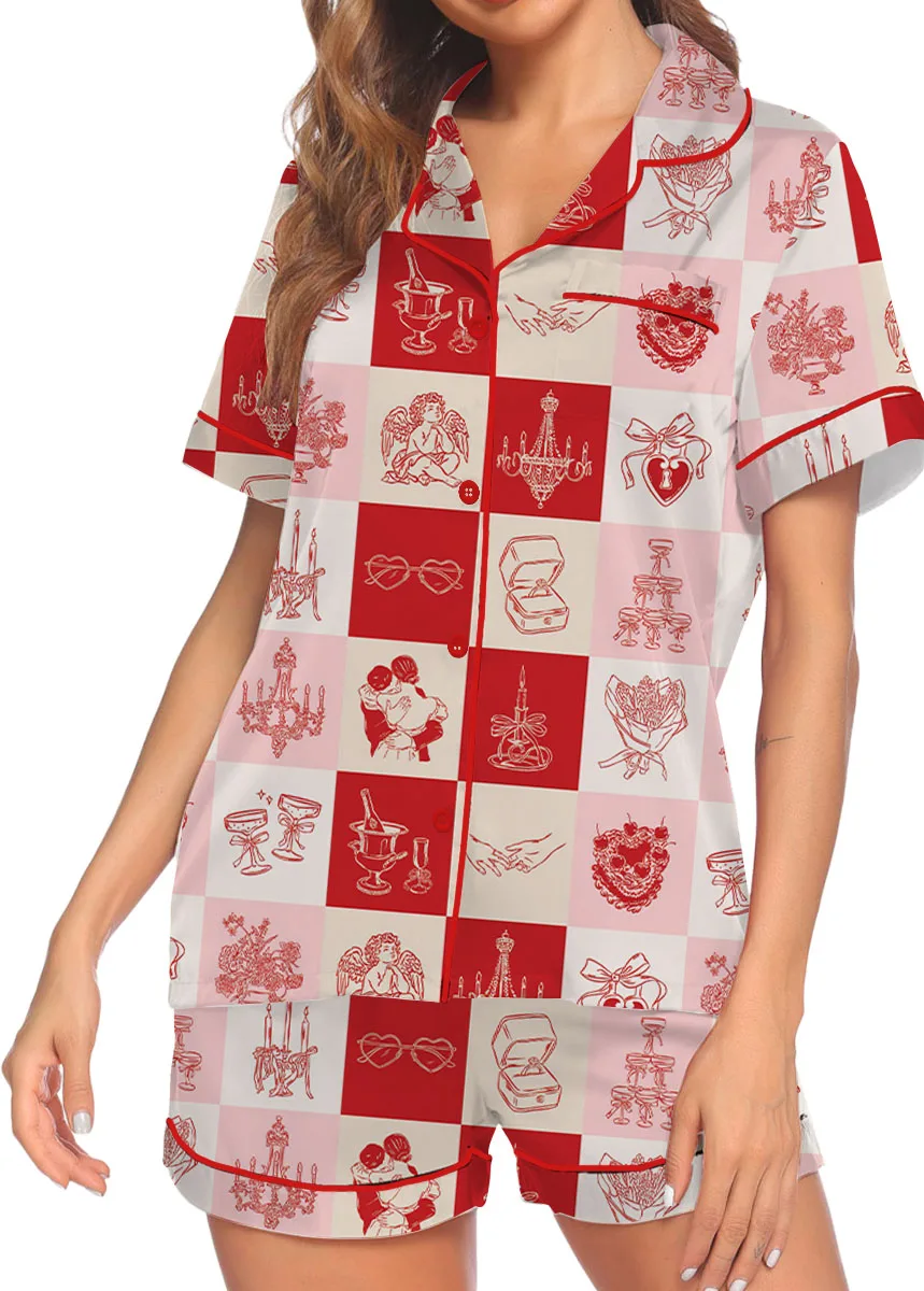 Women's Love And Wedding Satin Pajamas Set, US Size S-5XL - Image 3