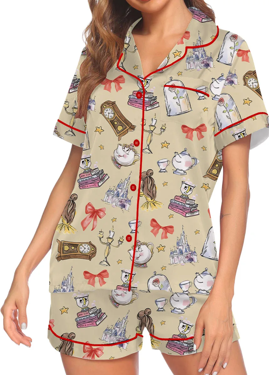 Women's Princess Coquette Satin Pajamas Set, Sand Color, US Size S-5XL - Image 2