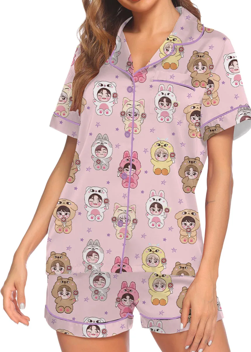 Women’s Kpop Characters Cute Pajamas Set For Women, Pink Color, US Size S-5XL - Image 4