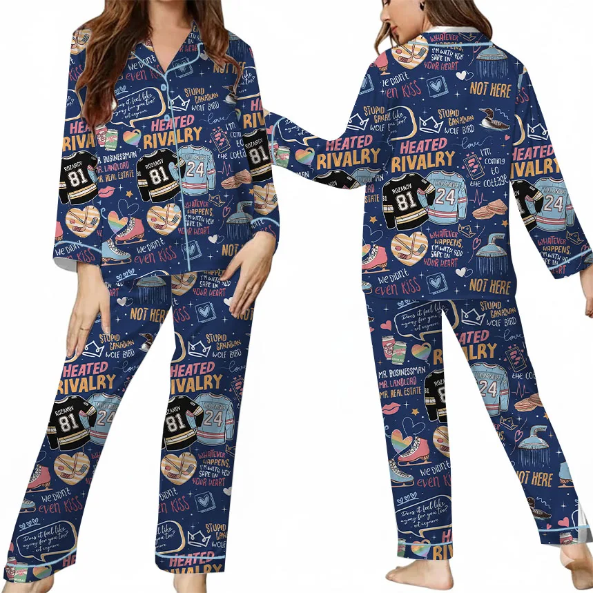 Women’s Hockey Romance Couple Satin Pajamas Set, Navy Color, US Size S-5XL - Image 13