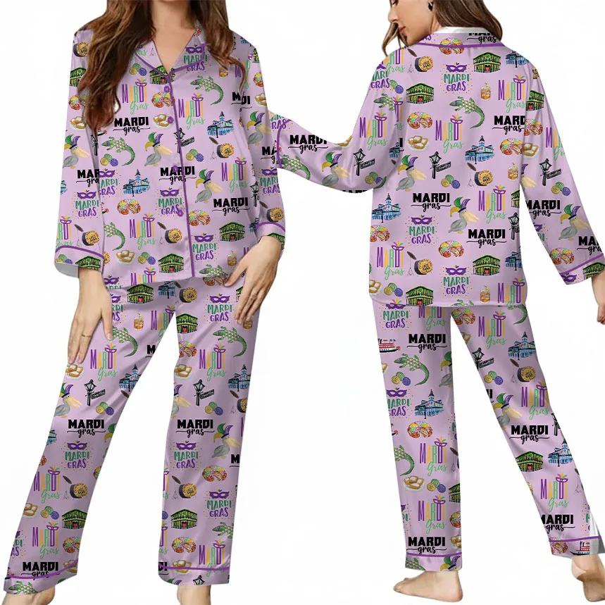 Women’s Mardi Gras Hawaiian Satin Pajamas Set, Pastel Purple Color, US Size S-5XL - Image 9