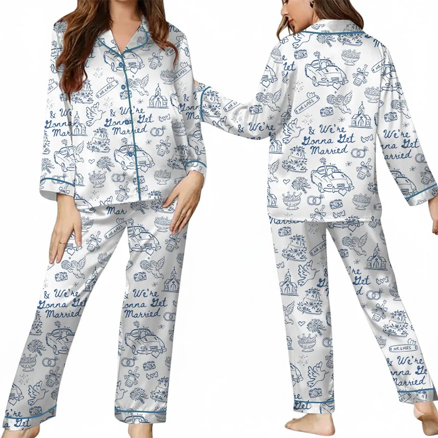 Women’s Going To The Chapel We're Gonna Get Married Wedding Satin Pajamas Set, White Color, US Size S-5XL - Image 13