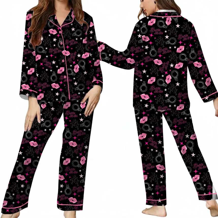 Women's Bachelorette Party Pattern Satin Pajamas Set, Black Color, US Size S-5XL - Image 13