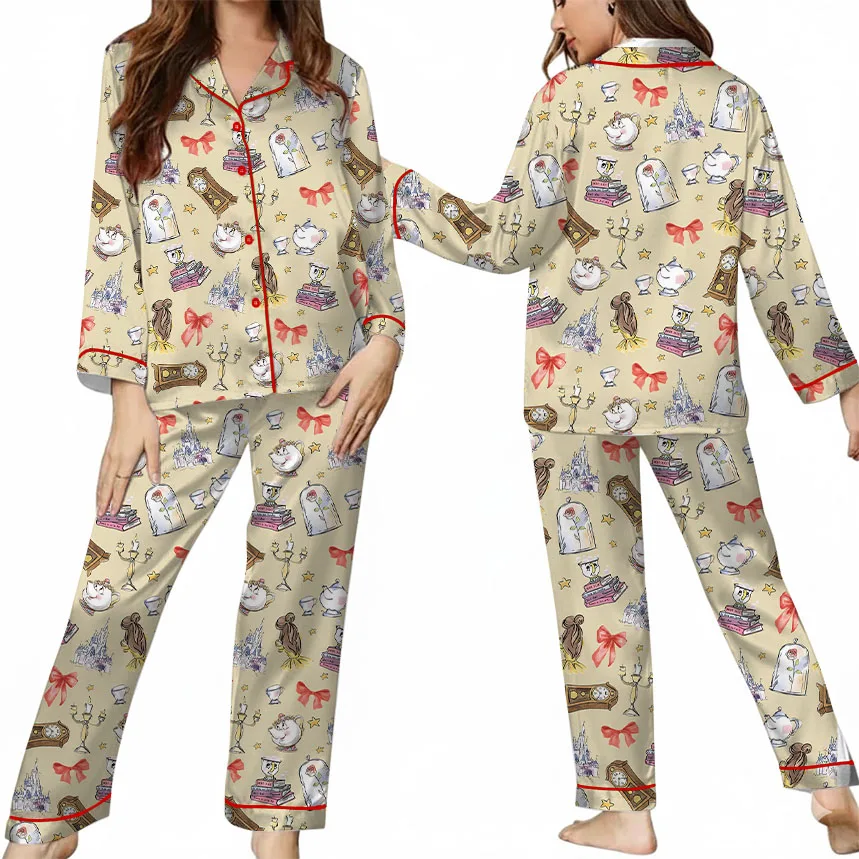 Women's Princess Coquette Satin Pajamas Set, Sand Color, US Size S-5XL - Image 9