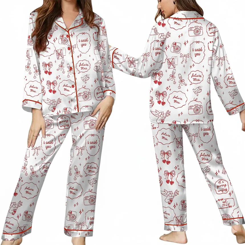 Women’s Future Mrs Engagement Wedding Anniversary Wifey Satin Pajamas Set For Women, White Color, US Size S-5XL - Image 13