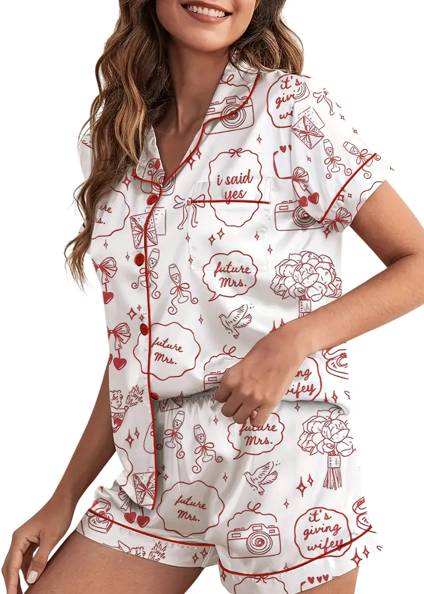 Women’s Future Mrs Engagement Wedding Anniversary Wifey Satin Pajamas Set For Women, White Color, US Size S-5XL - Image 2