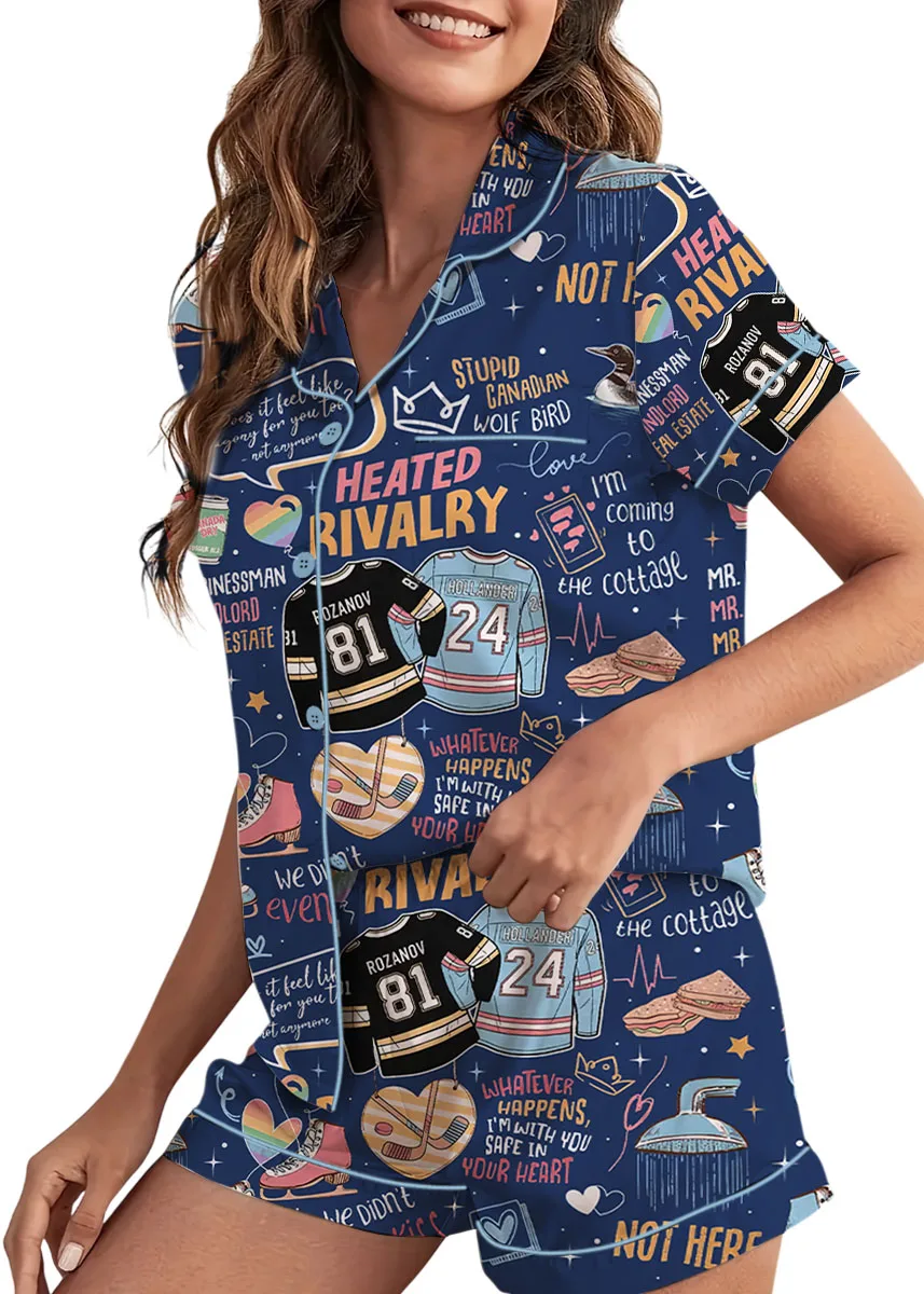 Women’s Hockey Romance Couple Satin Pajamas Set, Navy Color, US Size S-5XL - Image 7
