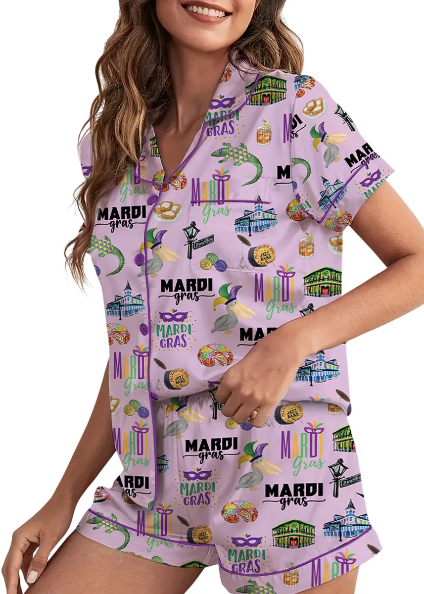 Women’s Mardi Gras Hawaiian Satin Pajamas Set, Pastel Purple Color, US Size S-5XL - Image 4