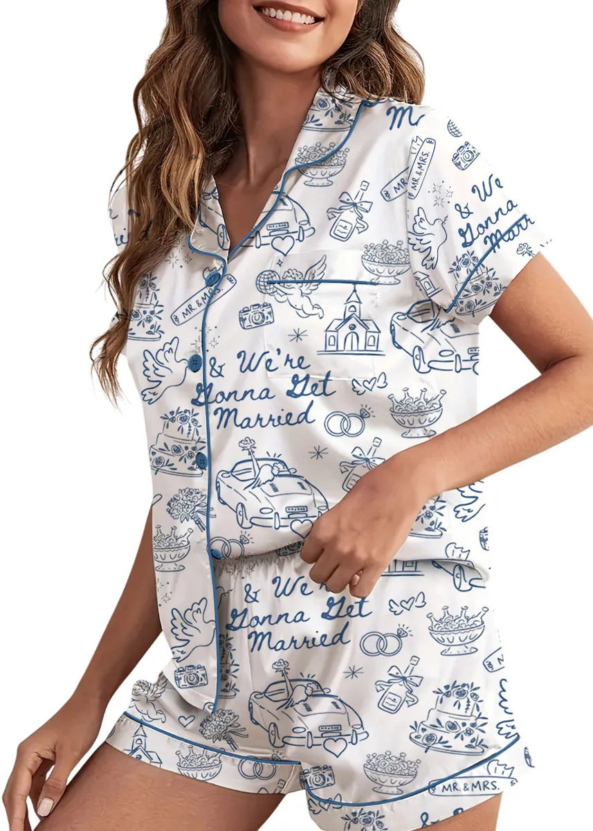Women’s Going To The Chapel We're Gonna Get Married Wedding Satin Pajamas Set, White Color, US Size S-5XL - Image 7