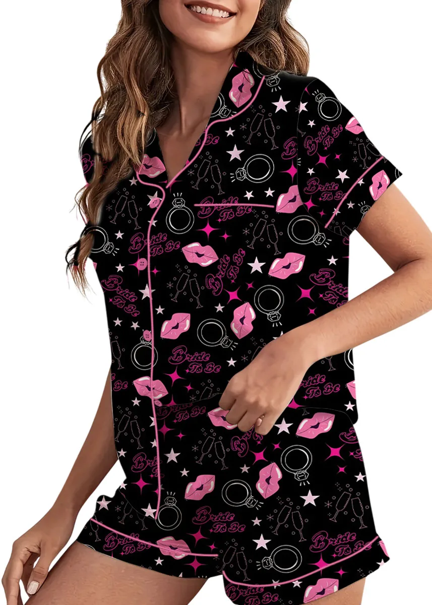 Women's Bachelorette Party Pattern Satin Pajamas Set, Black Color, US Size S-5XL - Image 7